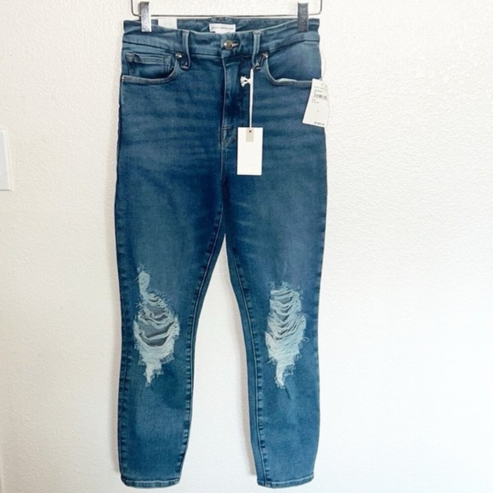 Good American Good Waist Stretchy Distressed Medium To Dark Wash Crop New Jeans